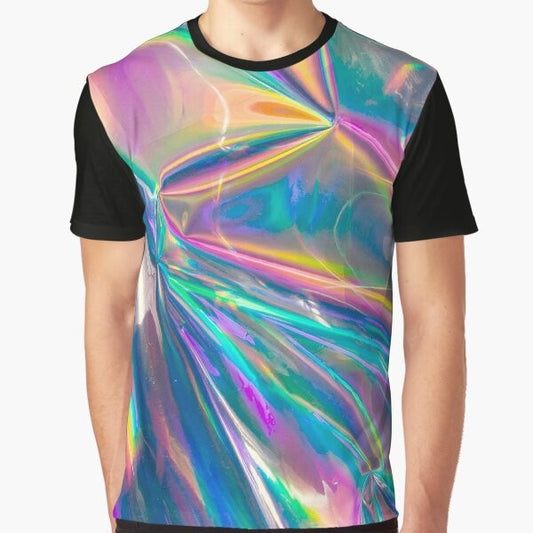 Holographic iridescent graphic design on a t-shirt