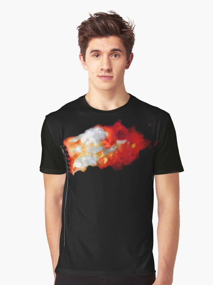 A graphic t-shirt featuring a burning American flag design. - Men