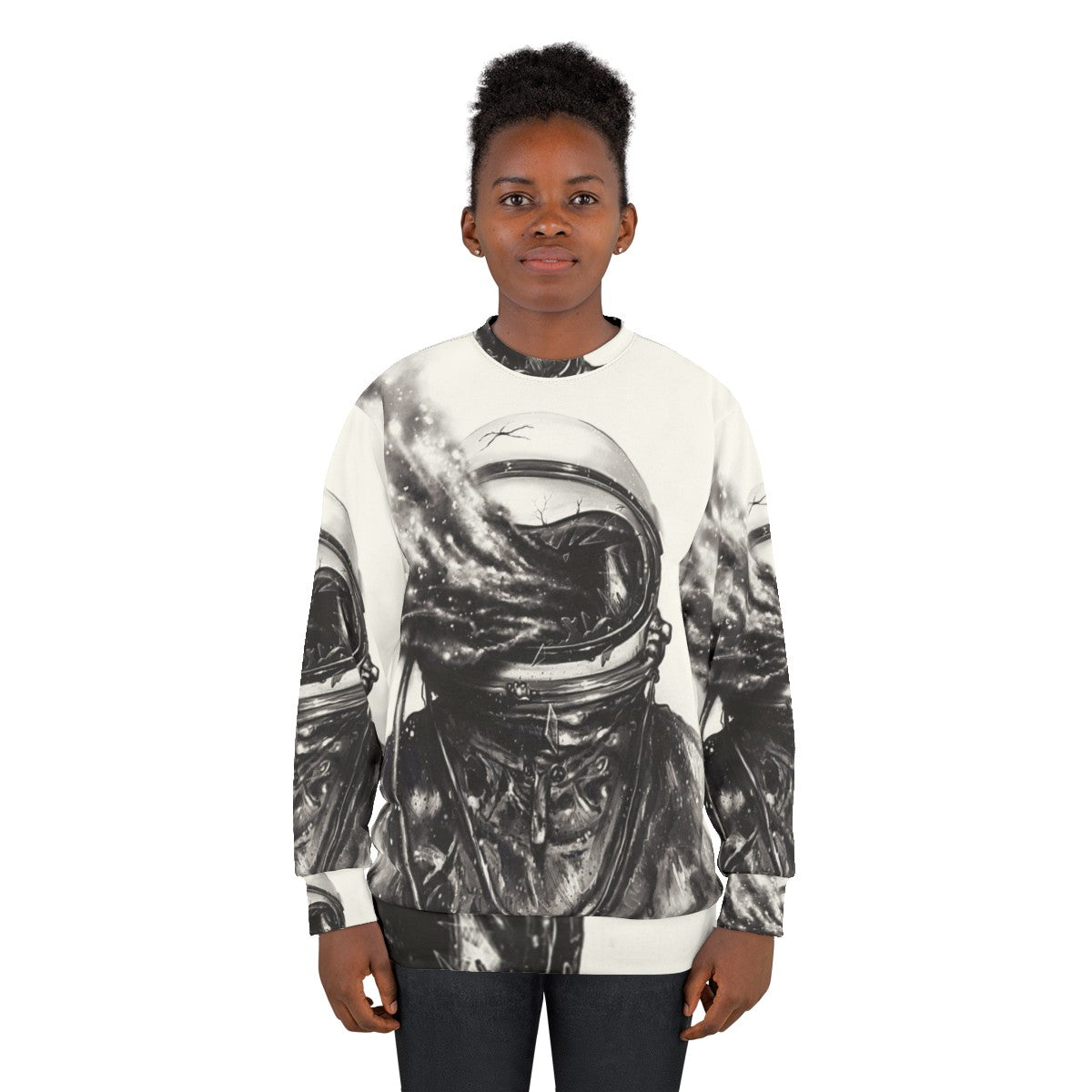 Transposed cosmic galaxy sweatshirt with surreal spaceman design - women