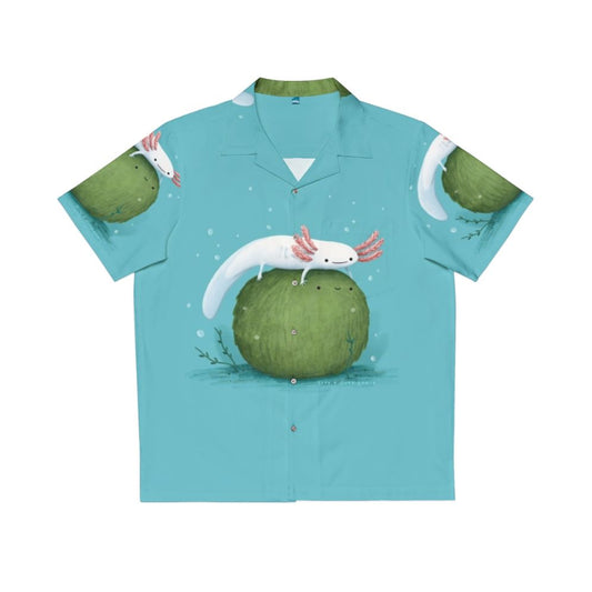 Axolotl sitting on a mossball, featured on a vibrant Hawaiian shirt