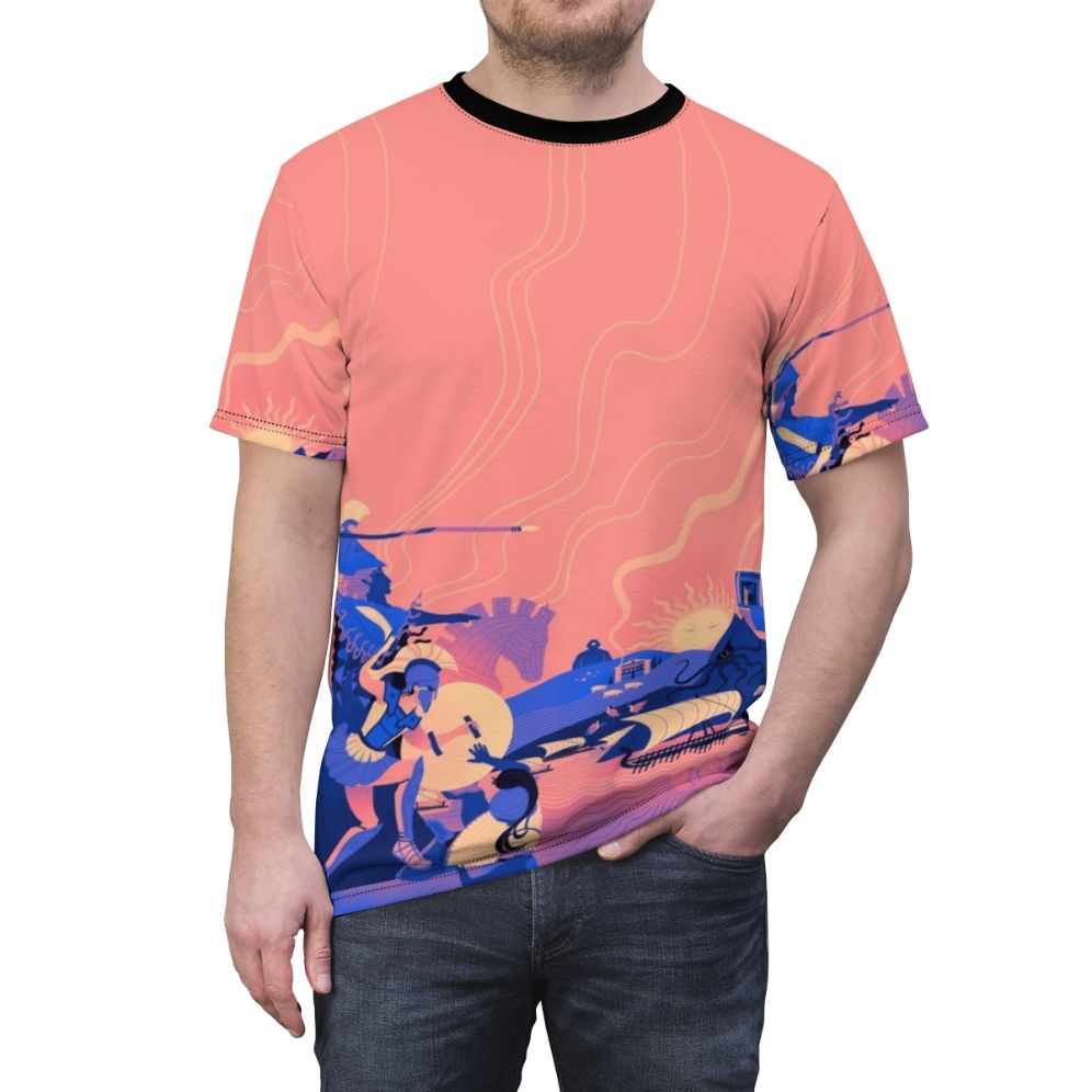 A vibrant t-shirt featuring a Homeric landscape design with elements from the Iliad and Odyssey, including Achilles, Patroclus, Minerva, Hector, Odysseus, Penelope, and more. - men front