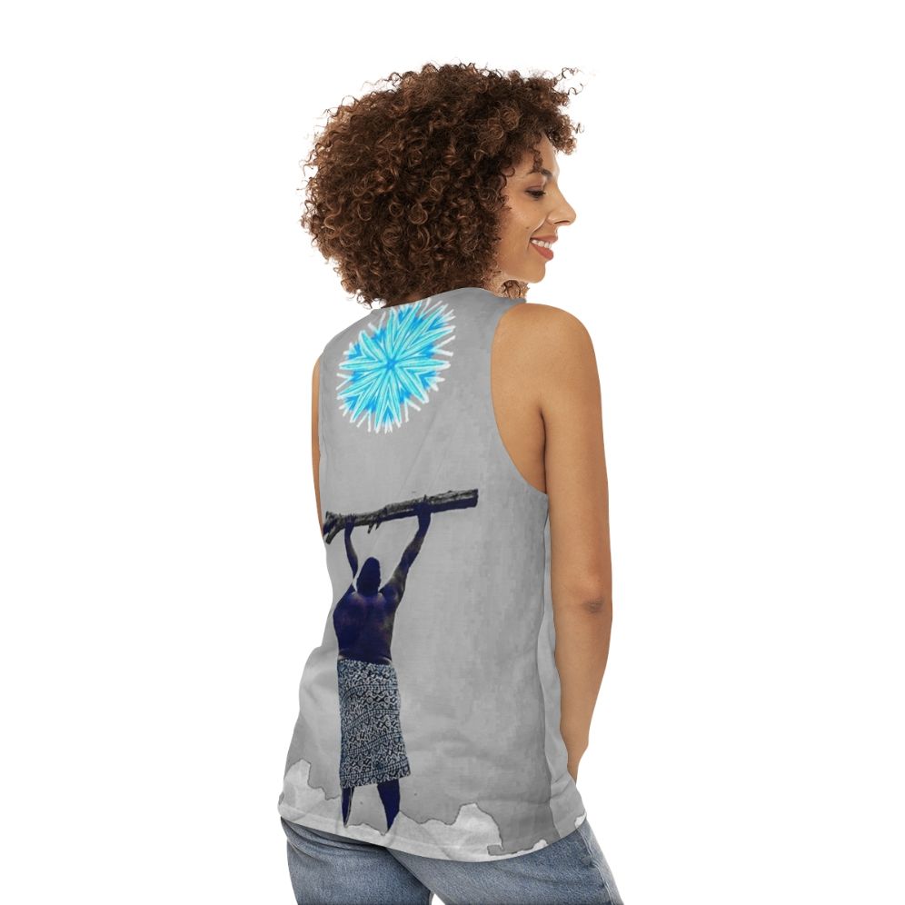 Unisex tank top featuring a digital illustration of a star above snowy mountains - women back