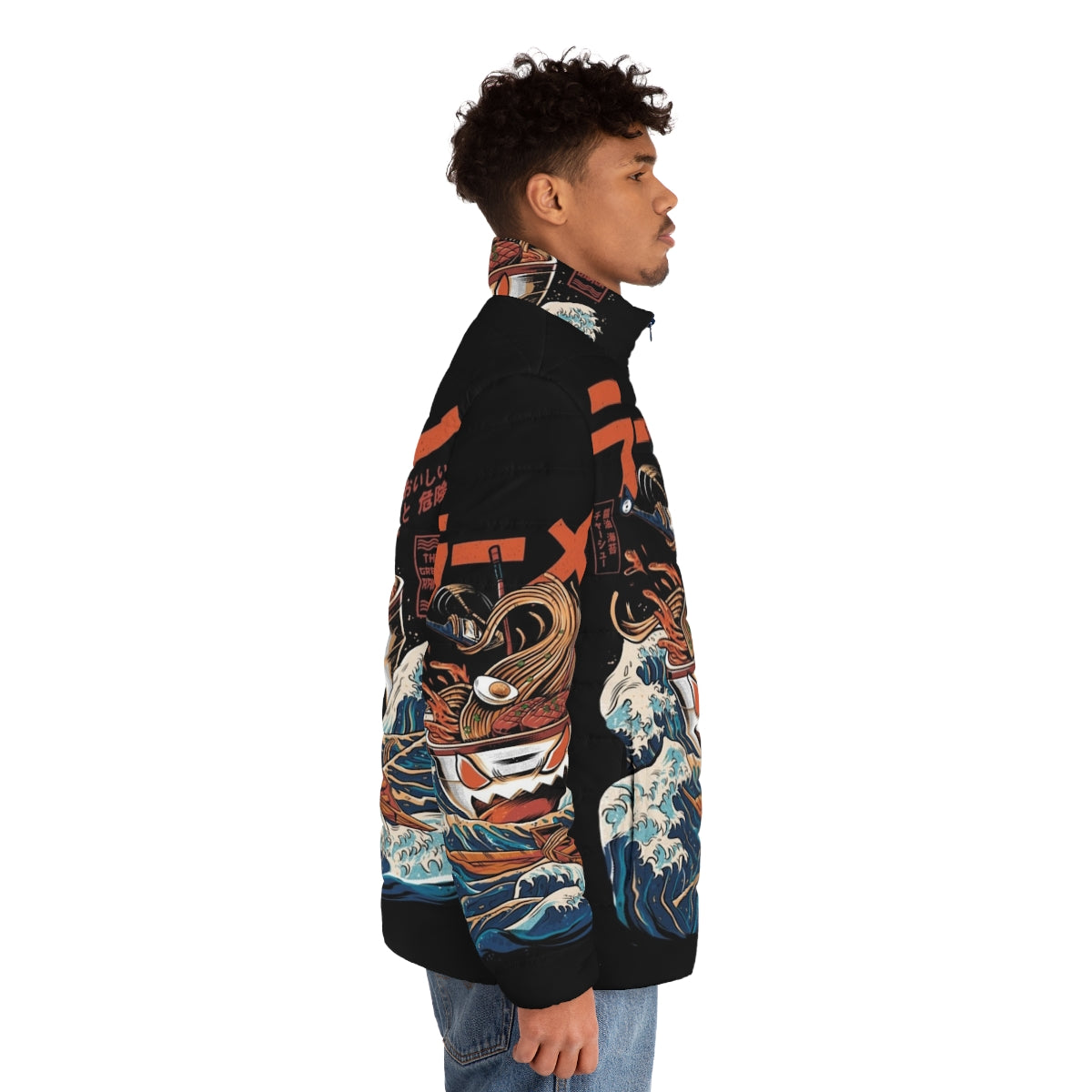 A stylish puffer jacket featuring a retro anime-inspired ramen design - men side right