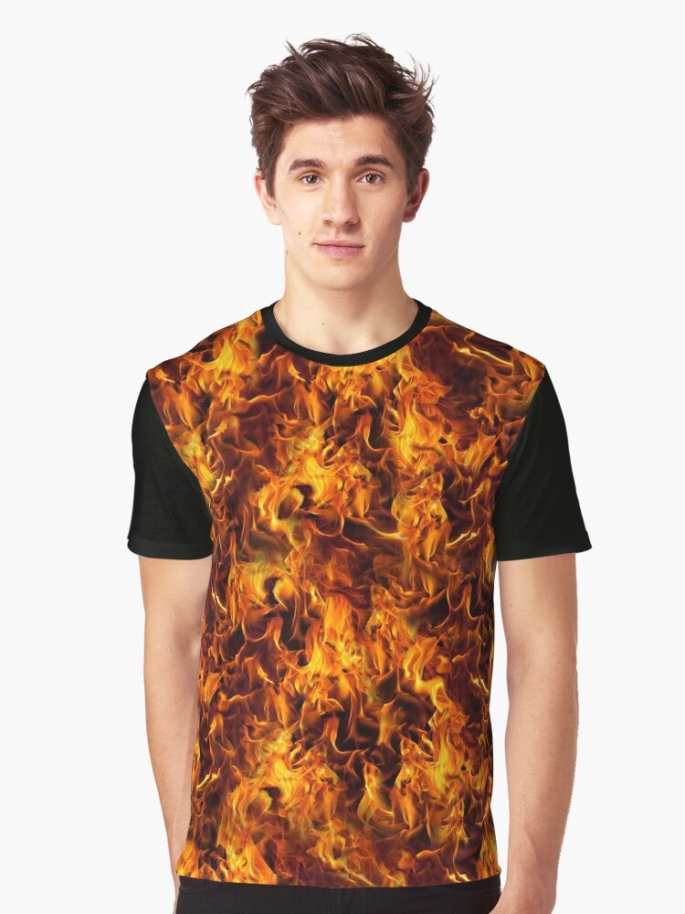 Fiery graphic t-shirt with a bold fire and flames pattern design - Men