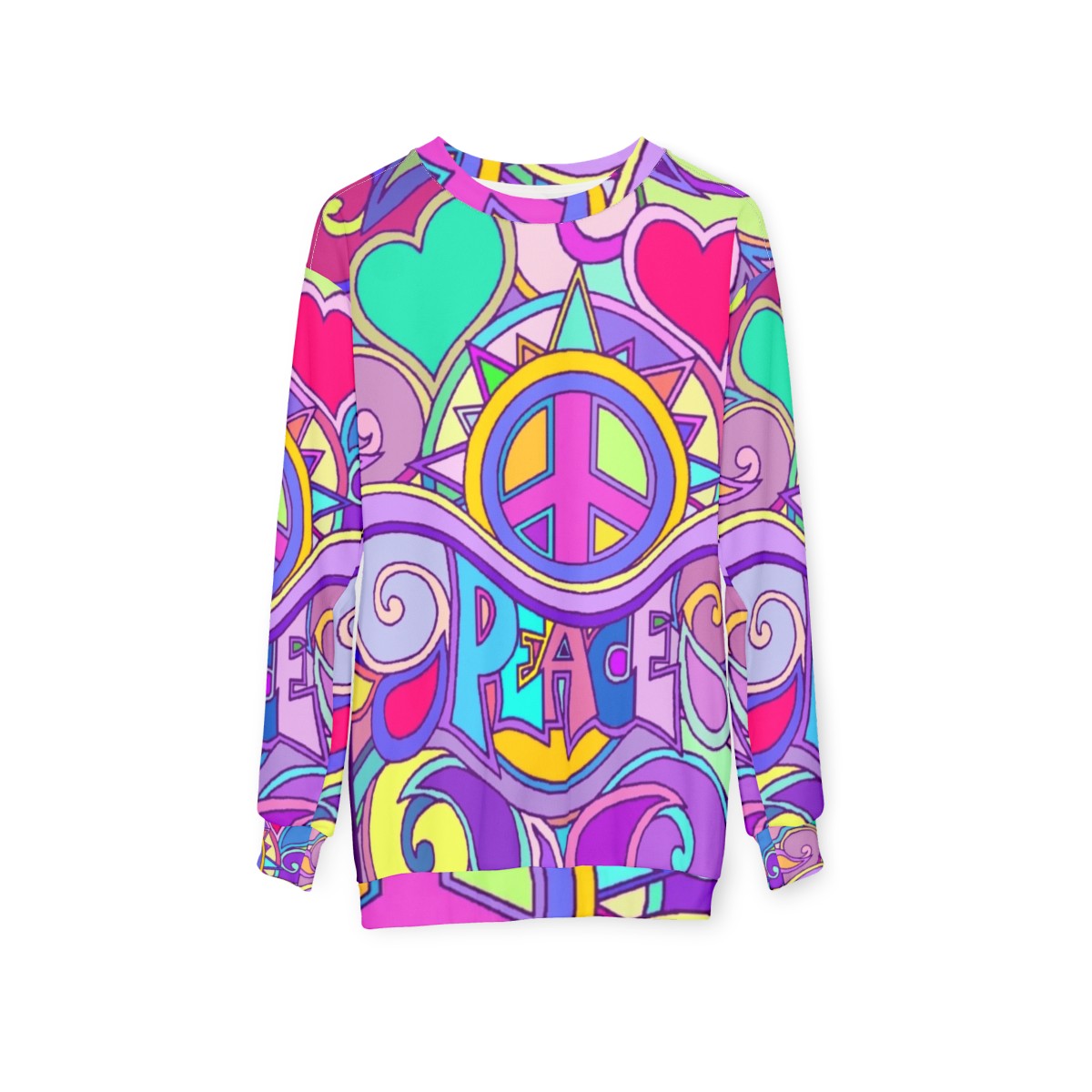 Retro psychedelic peace hippie sweatshirt with colorful abstract 60s/70s graphic - hanging