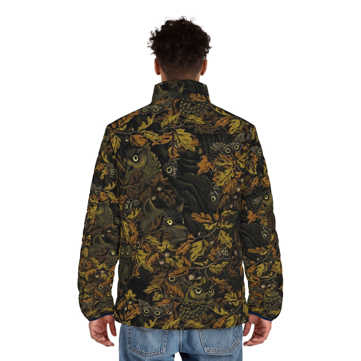 A stylish burnt sienna puffer jacket with a nature-inspired camouflage pattern, perfect for outdoor adventures. - men back