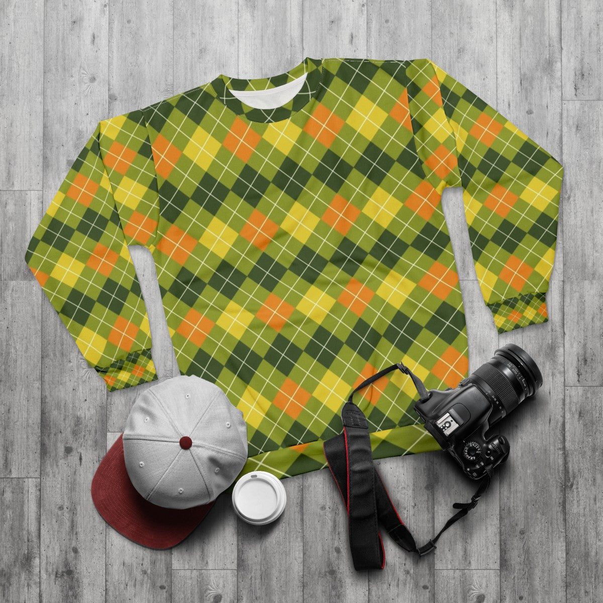 Yellow, orange, and green argyle pattern sweatshirt - flat lay