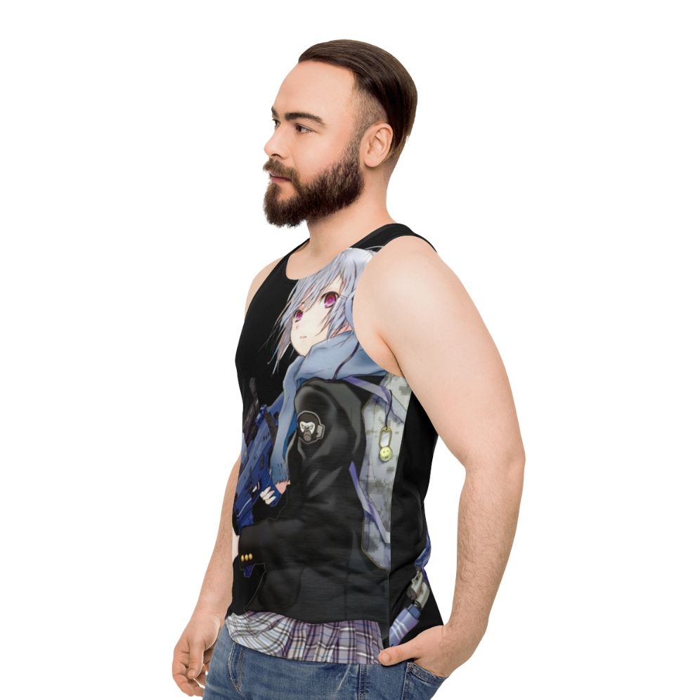 Unisex anime girl with gun graphic on tank top - men side