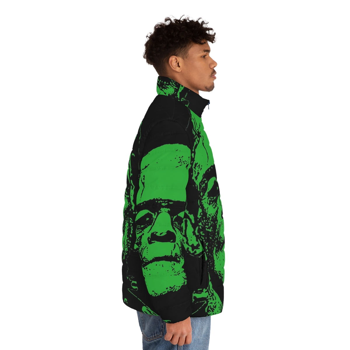 Frankenstein-inspired green puffer jacket with classic monster design - men side right