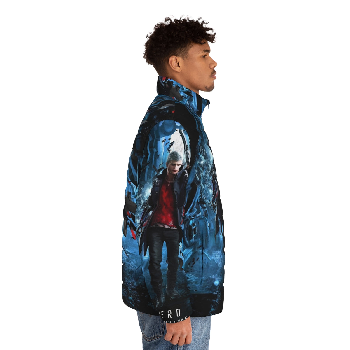 Nero Devil May Cry 5 Puffer Jacket featuring the protagonist of the game - men side right