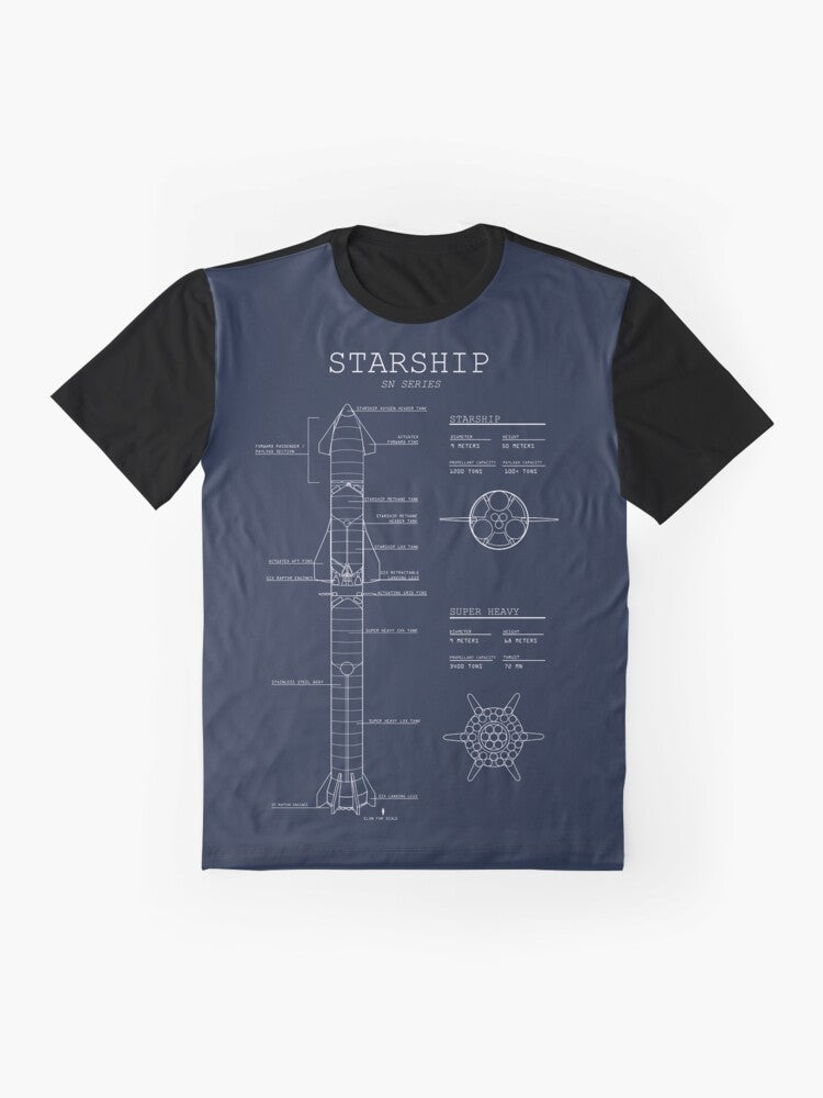 Detailed blueprint graphic design of the SpaceX Starship rocket on a t-shirt - Flat lay