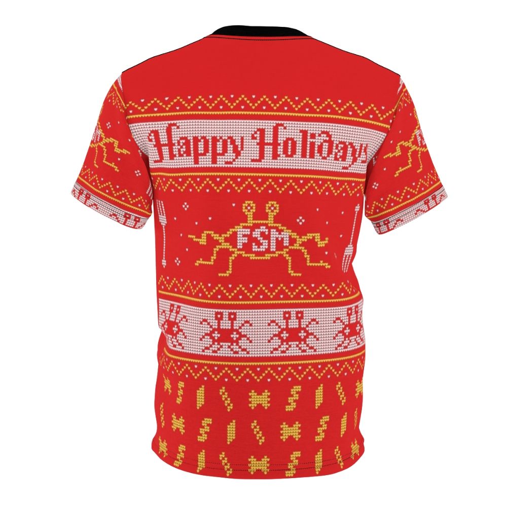 Festive Pastafarian Inspired Ugly Christmas Sweater T-shirt featuring the Flying Spaghetti Monster - Back