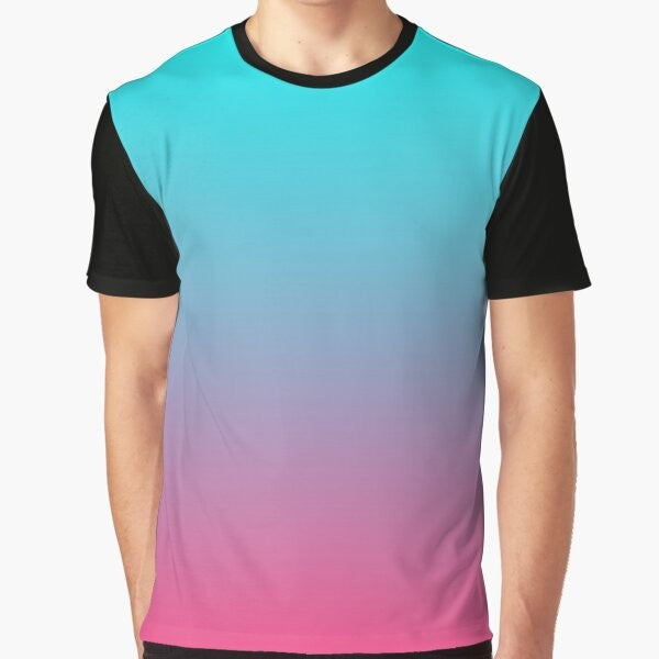 Gradient pink and aqua graphic t-shirt with a pastel aesthetic design