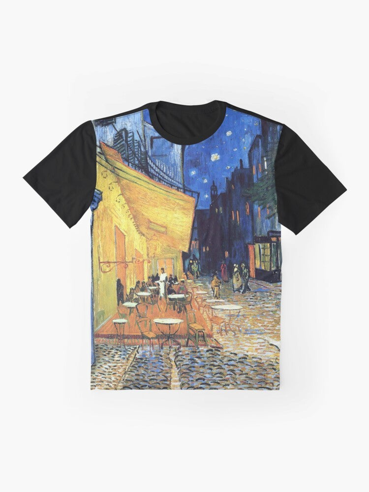 Vincent van Gogh inspired graphic t-shirt featuring the famous painting "The Cafe Terrace on the Place de Forum in Arles at Night" - Flat lay