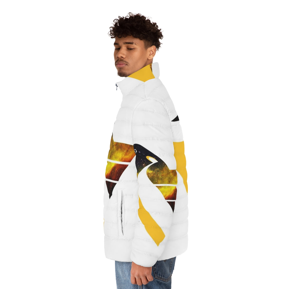 Nebula Penguins Throwback Puffer Jacket, featuring a space-inspired design and throwback Pittsburgh Penguins logo - men side left