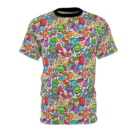 Vibrant abstract t-shirt with colorful cartoon animals, fruit, and snack motifs