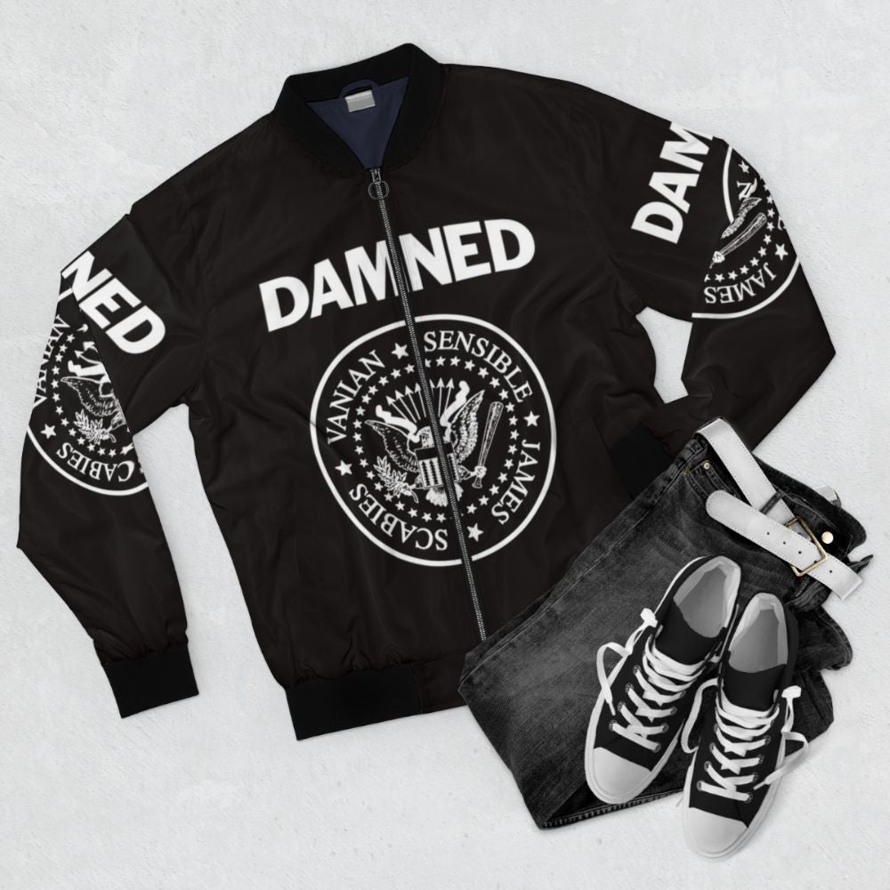 Vintage The Damned Ramones Logo Bomber Jacket - Flat lay