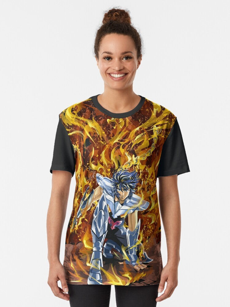 Graphic t-shirt featuring Ikki the Phoenix, a legendary character from the anime/manga Saint Seiya. - Women