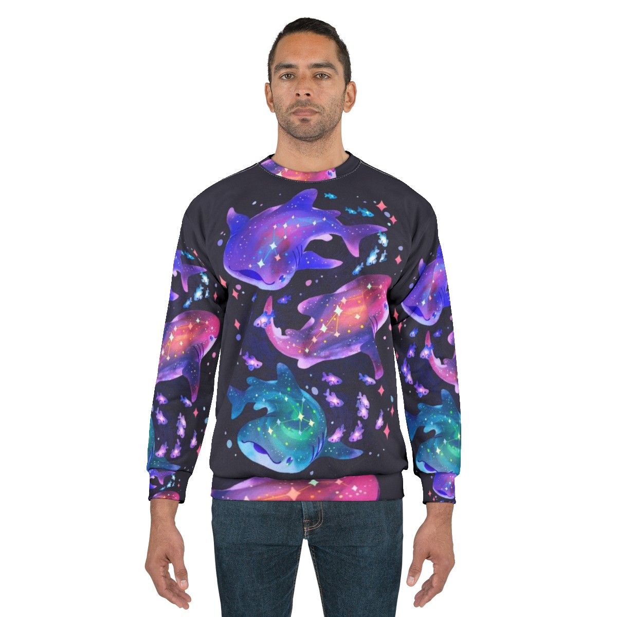 Cosmic whale shark graphic printed on a purple sweatshirt - men