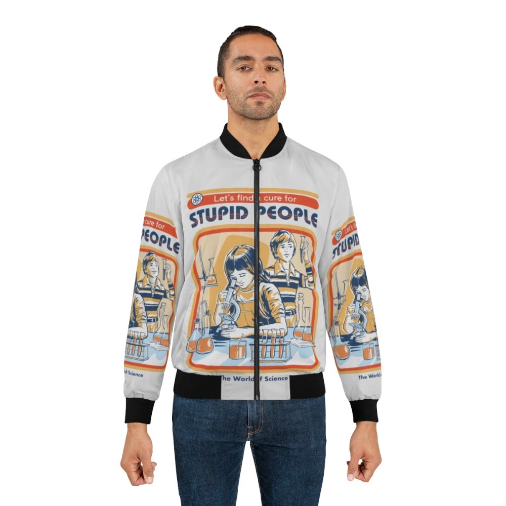 Vintage "A Cure For Stupid People" Bomber Jacket featuring a retro science and humor design - Lifestyle