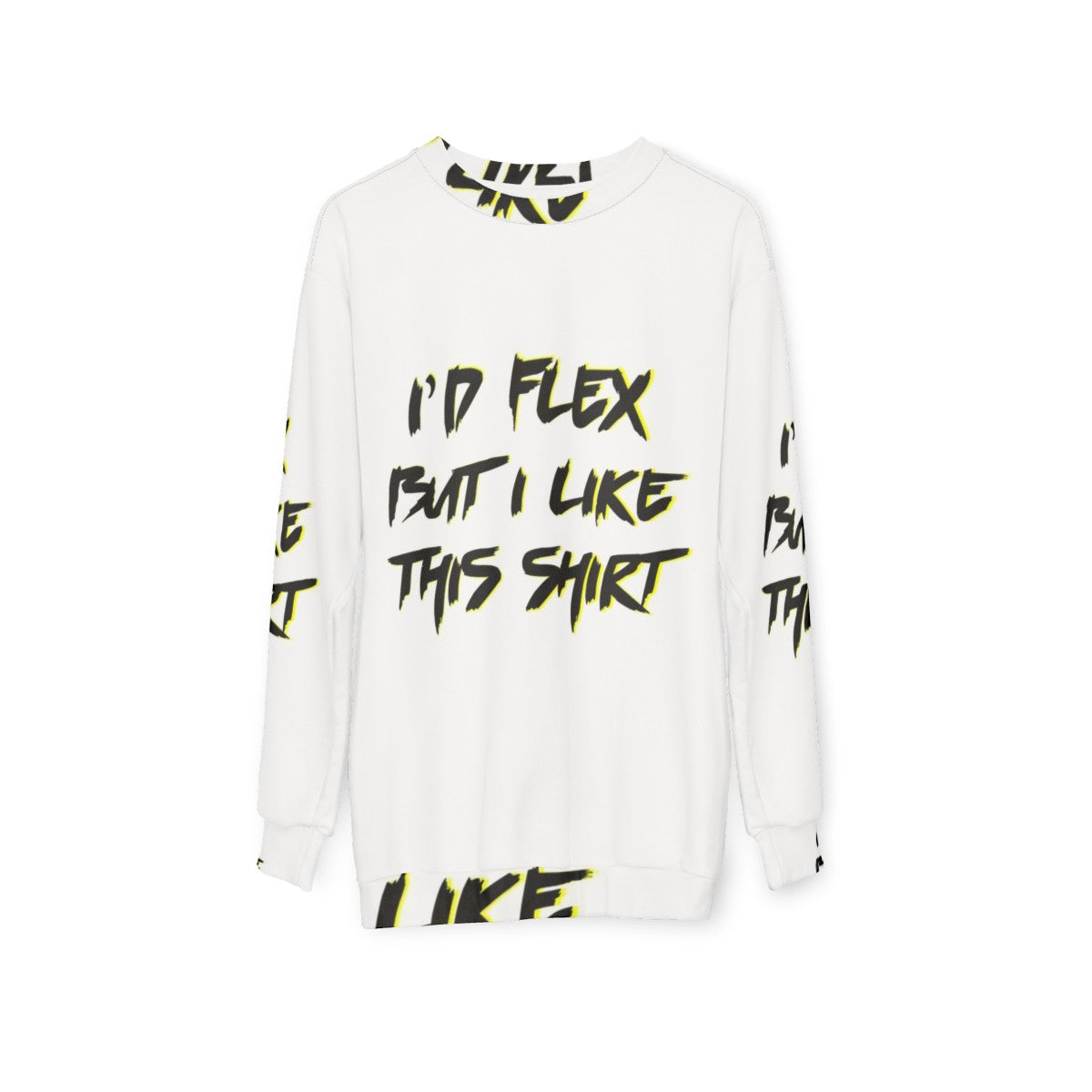 Chris Farley "I'd Flex But I Like This Shirt" Motivational Speaker Sweatshirt - hanging