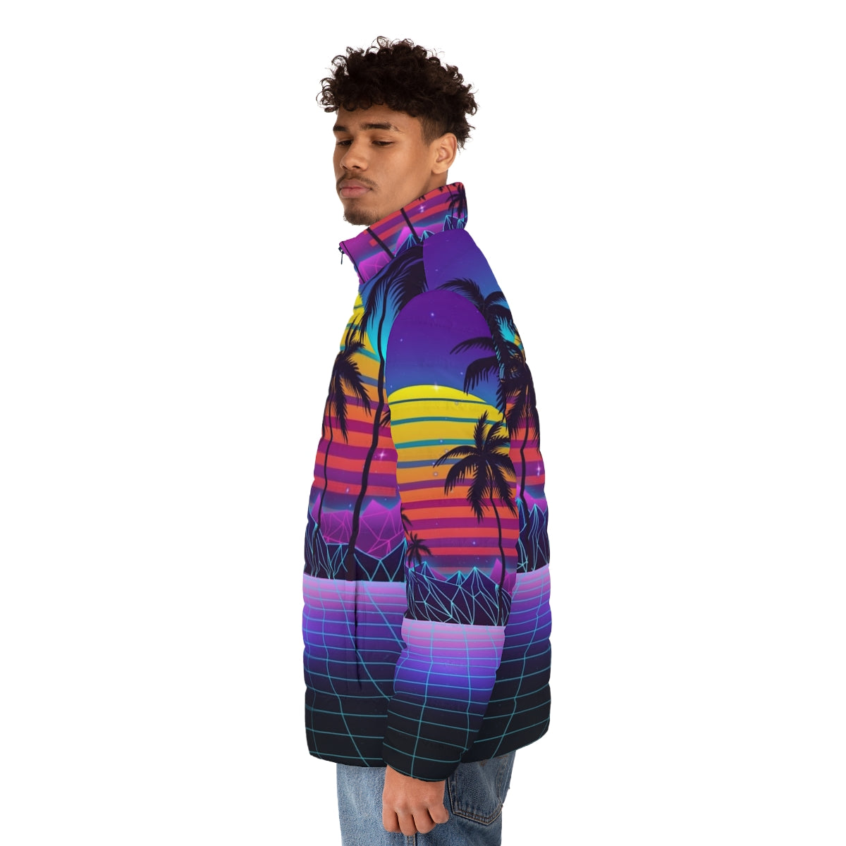 Radiant sunset synthwave puffer jacket with futuristic aesthetic - men side left