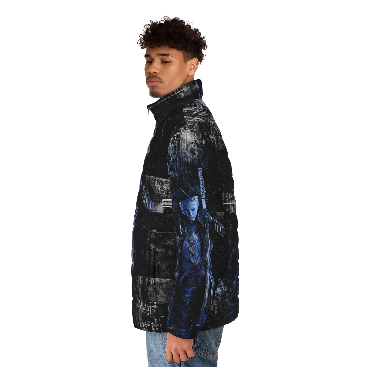 Blue puffer jacket with anime and video game inspired design - men side left