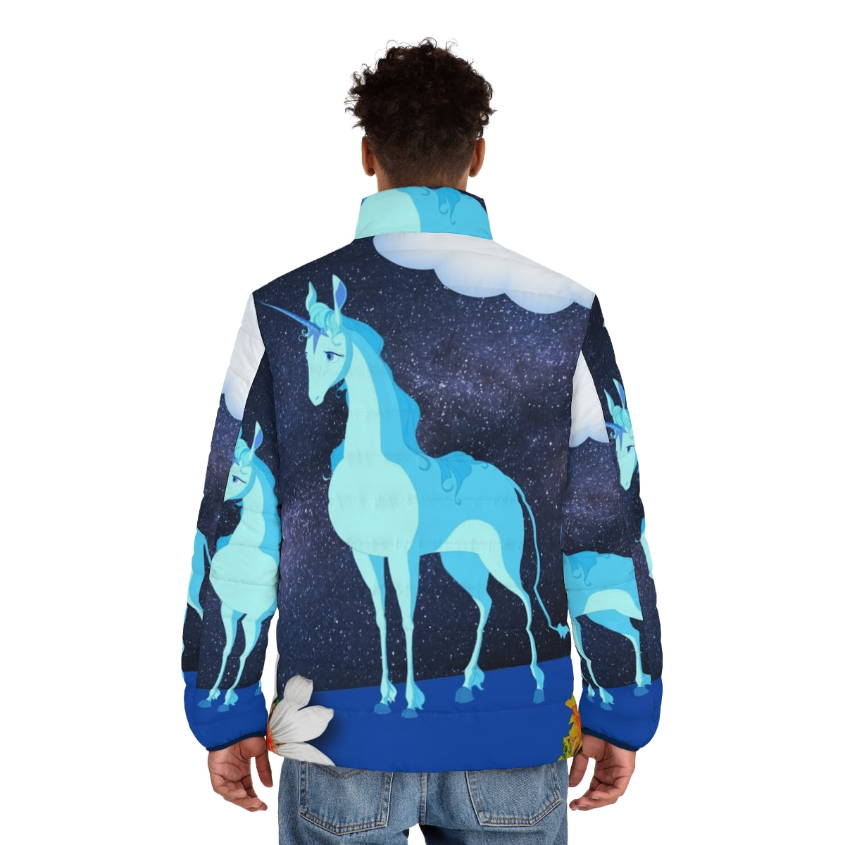 The Last Unicorn Lunar Landscape Puffer Jacket featuring a nostalgic 80s fantasy illustration of the unicorn character. - men back