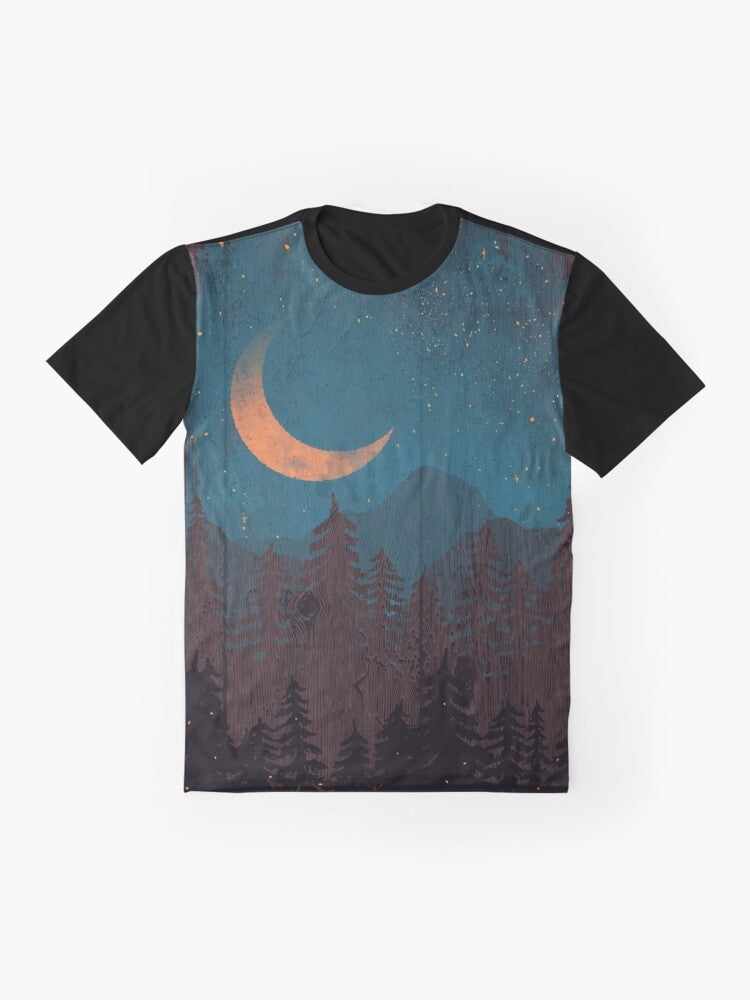 Graphic t-shirt featuring a landscape with a moon, stars, lightning, and fireflies in a forest setting - Flat lay