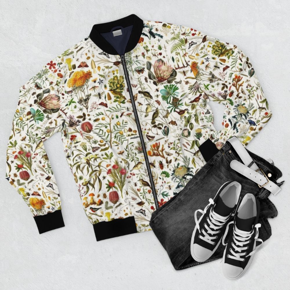 Vibrant Australian nature-inspired bomber jacket featuring colorful butterflies, birds, plants, and more. - Flat lay