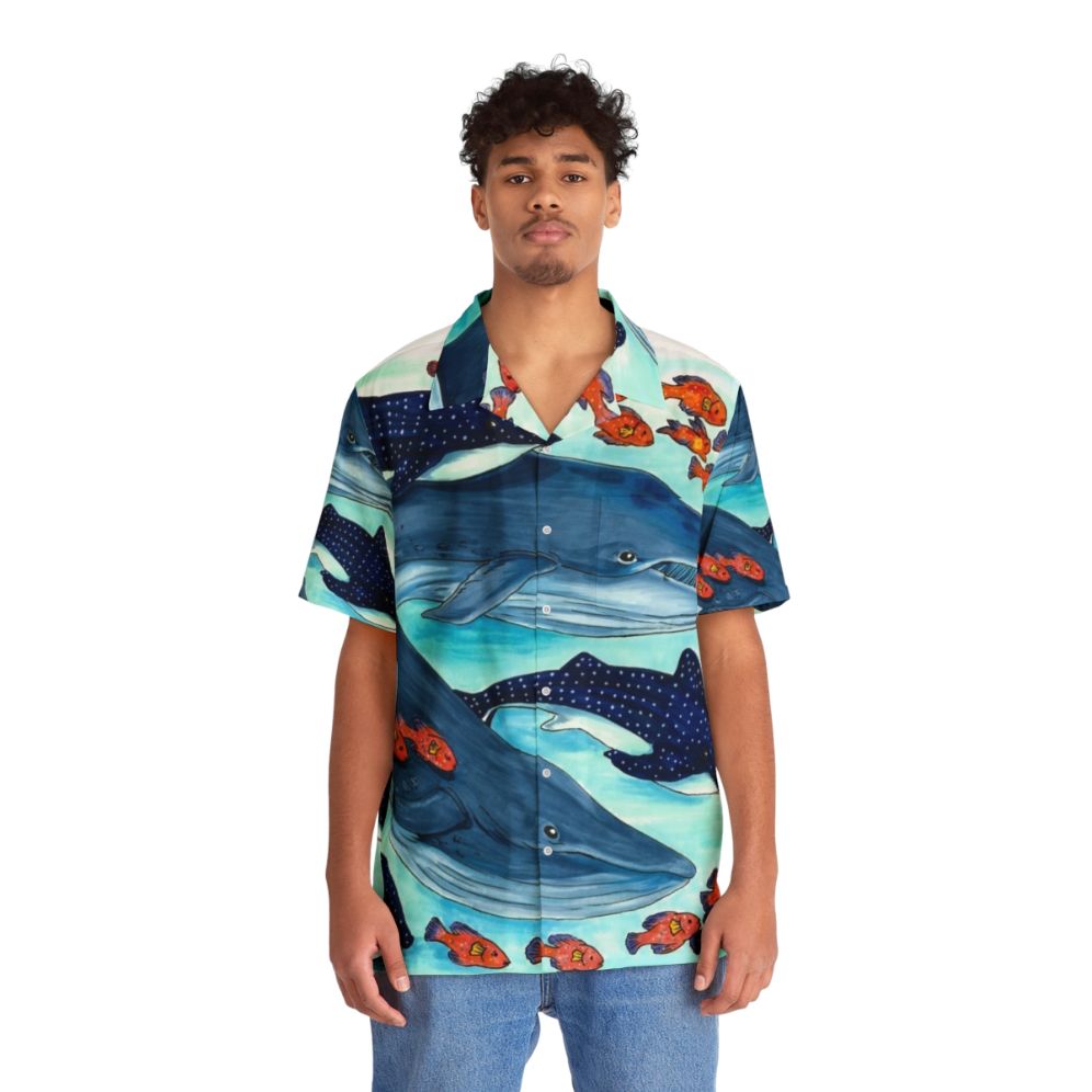 Colorful Hawaiian shirt with blue whales and other ocean life - People Front