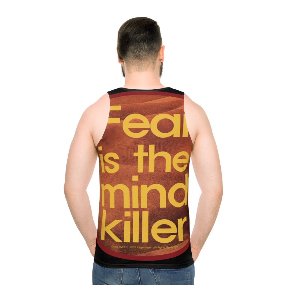 Dune Inspired Unisex Tank Top with "Fear Is The Mind Killer" Design - men back