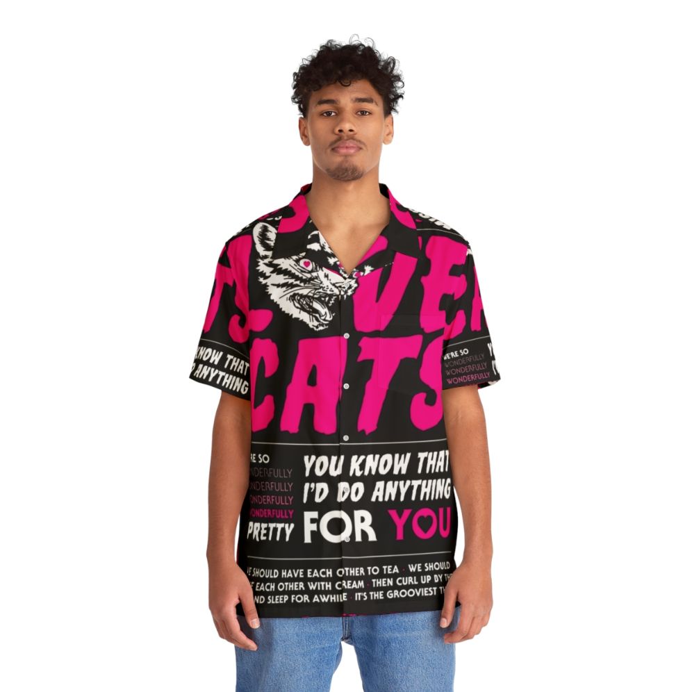 Love Cats Hawaiian Shirt with Gothic Cat Print - People Front