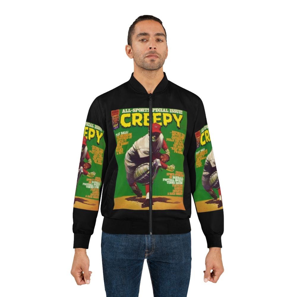 Creepy vintage horror bomber jacket with designs of monsters, vampires, and other scary elements - Lifestyle