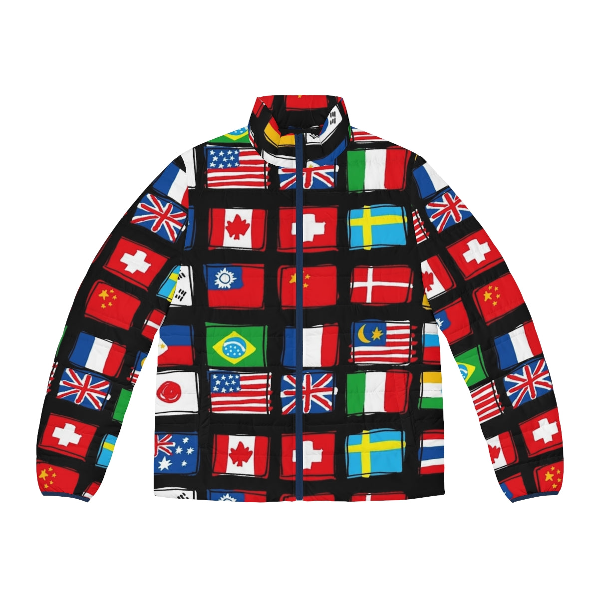 Global Patriotic Puffer Jacket with World Flags, National Flag Puffer Jacket