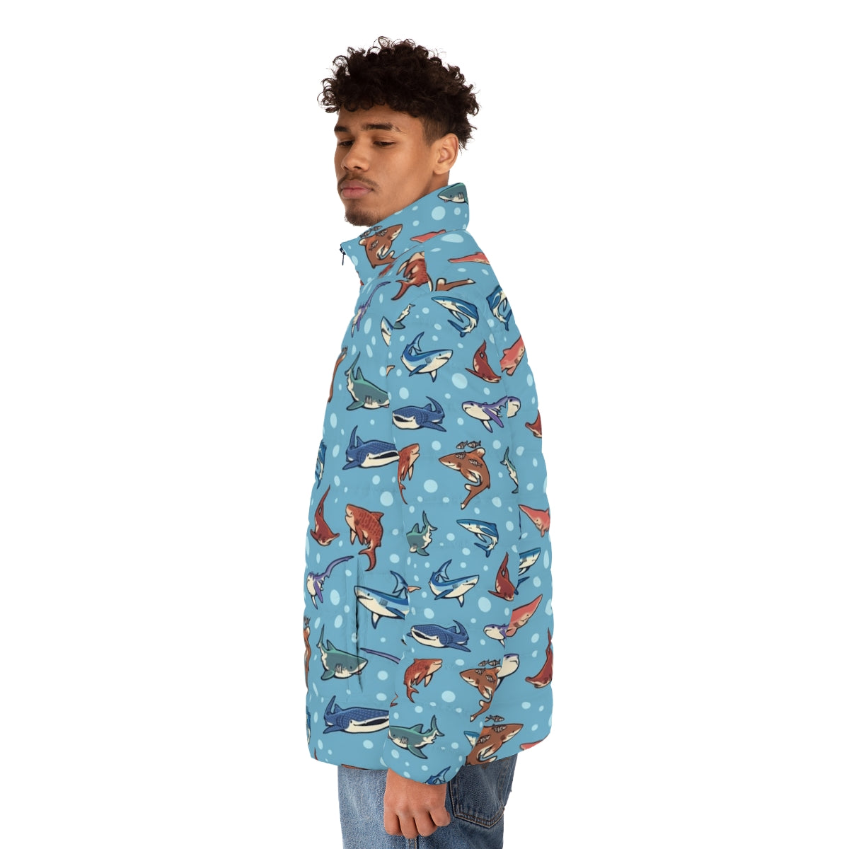 Sharks in the Light Blue Puffer Jacket - Stylish and Sustainable Outerwear - men side left