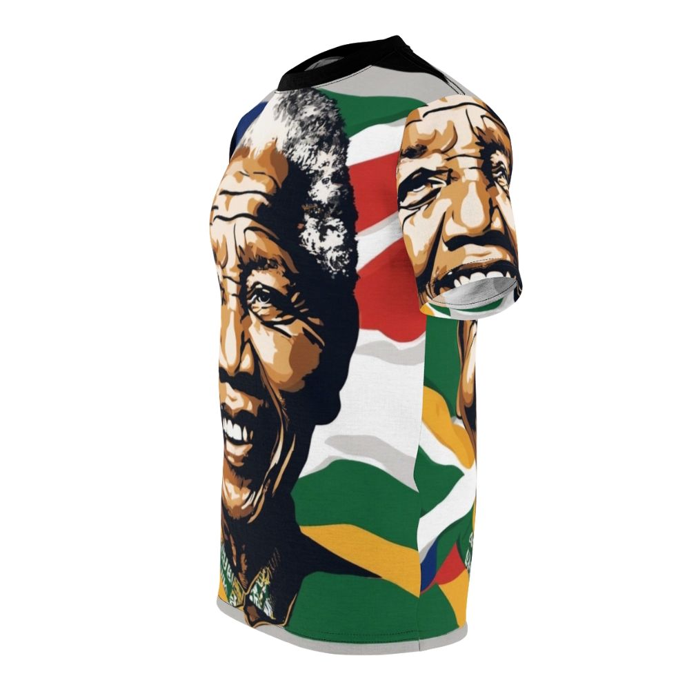 Reggae-style graphic t-shirt celebrating the legacy of Nelson Mandela, the iconic leader from South Africa. - men left