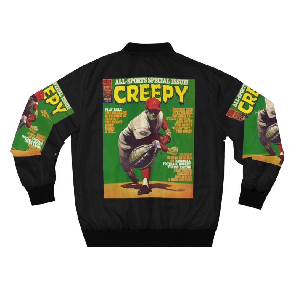 Creepy vintage horror bomber jacket with designs of monsters, vampires, and other scary elements - Back