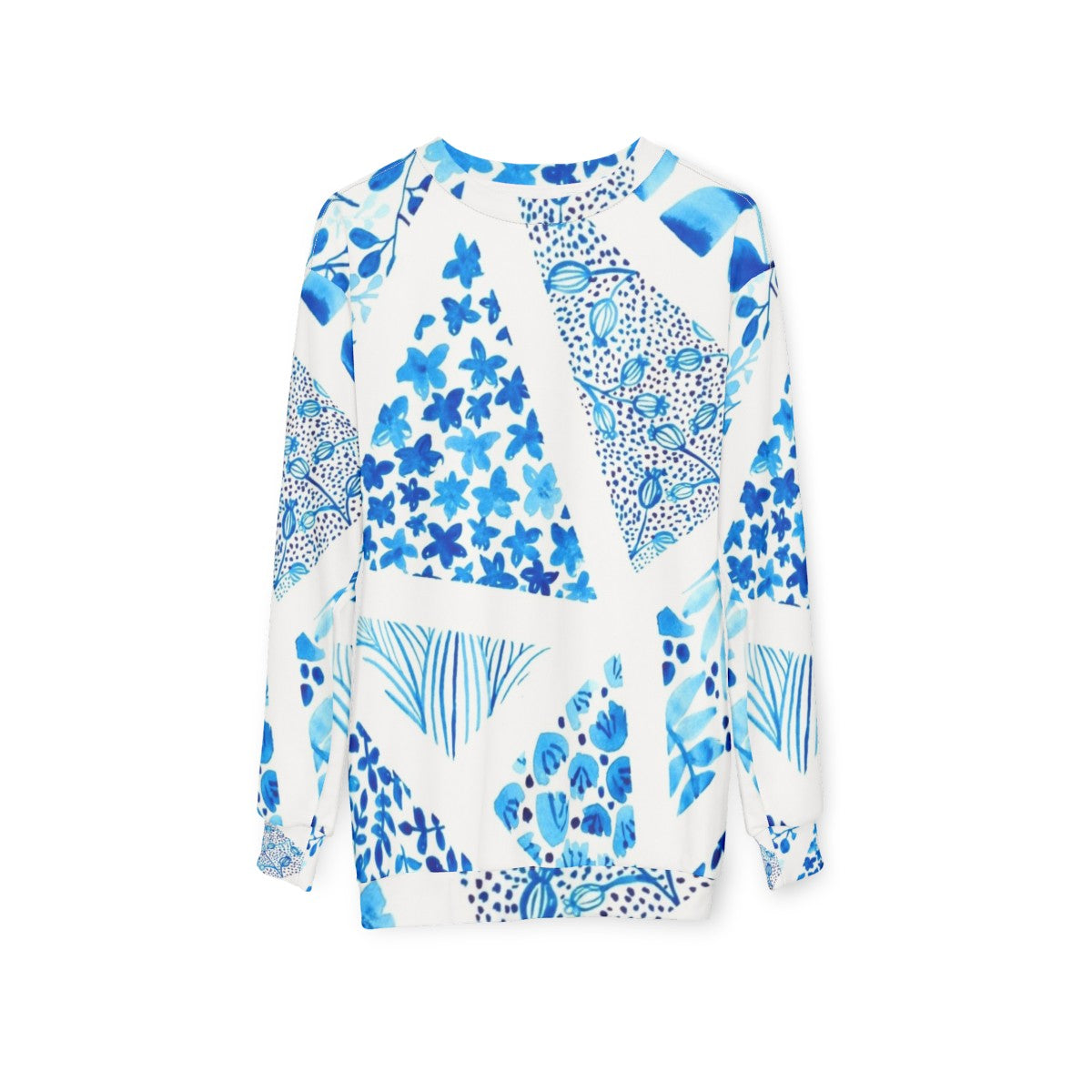 Blue abstract pattern sweatshirt with nature-inspired design - hanging