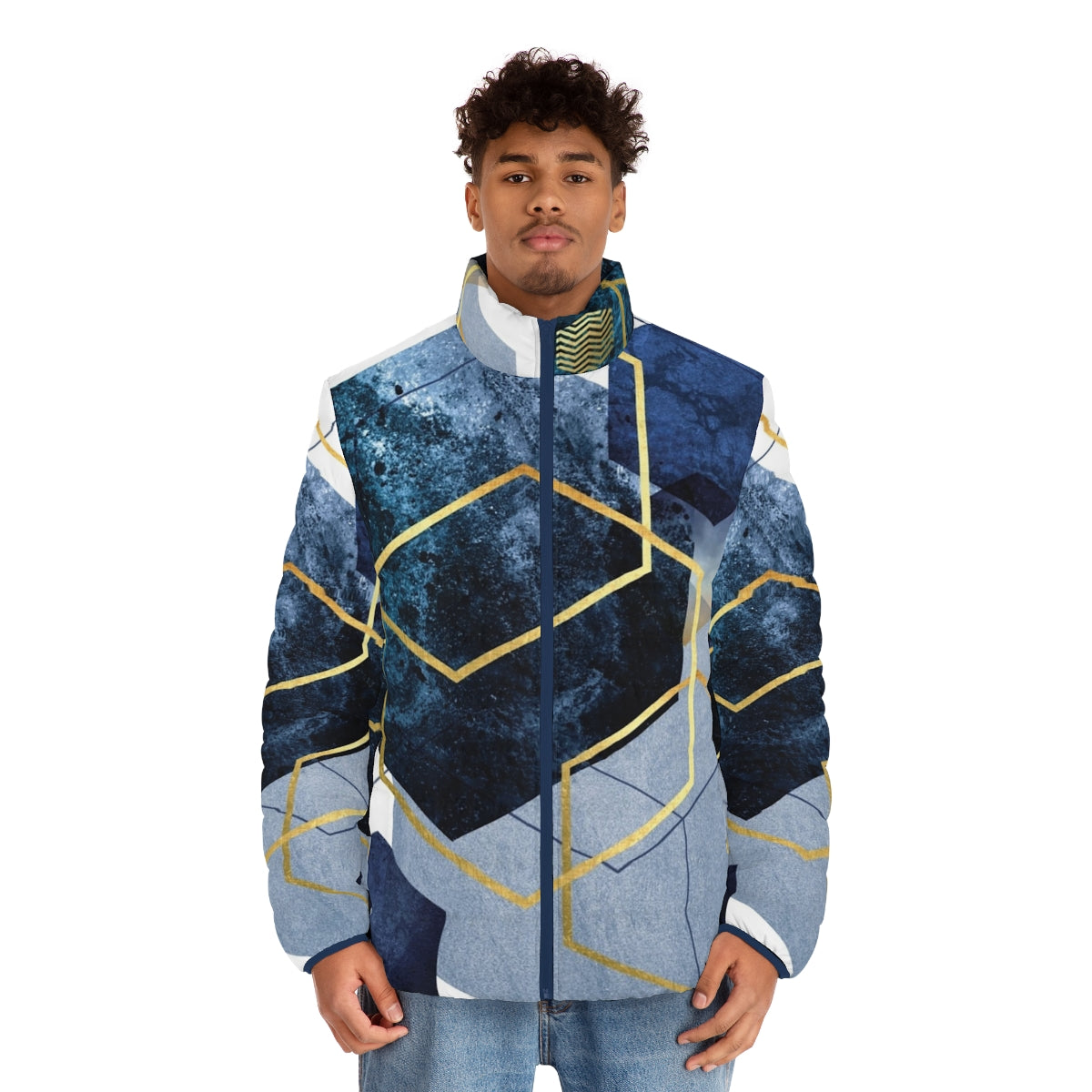 Navy and gold geometric puffer jacket for men - men front