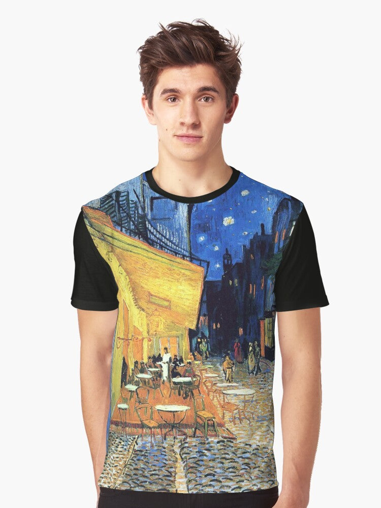 Vincent van Gogh inspired graphic t-shirt featuring the famous painting "The Cafe Terrace on the Place de Forum in Arles at Night" - Men