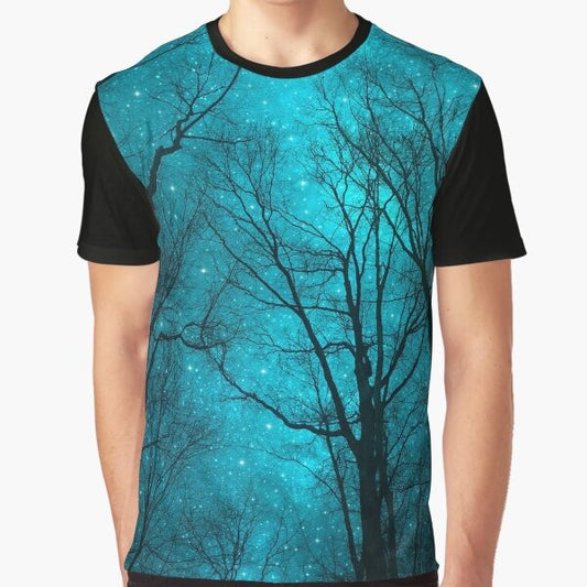 A graphic t-shirt design featuring a starry night sky with abstract trees and a surreal nature scene