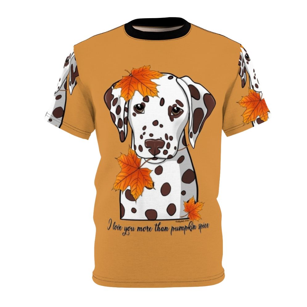 Dalmatian dog design on an autumn-themed t-shirt with pumpkins and fall leaves