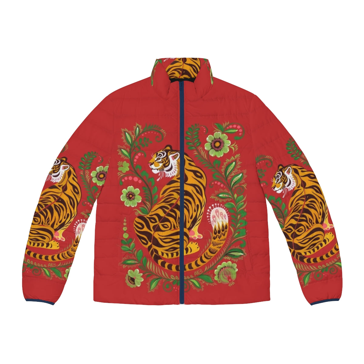 Tiger Folk Art Puffer Jacket with Decorative Wildlife Design