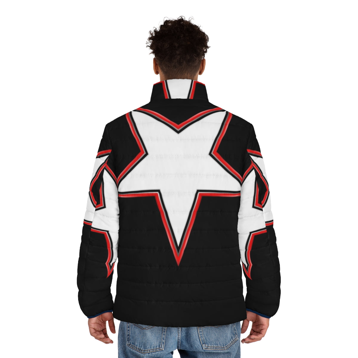 Five-pointed star puffer jacket for sci-fi and comic book cosplay - men back