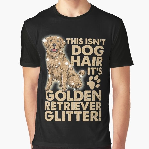 A golden retriever dog wearing a glittery graphic t-shirt