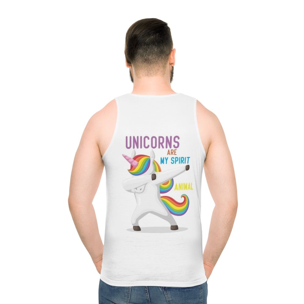 Unicorn tank top with 'Unicorns Are My Spirit Animal' graphic - men back