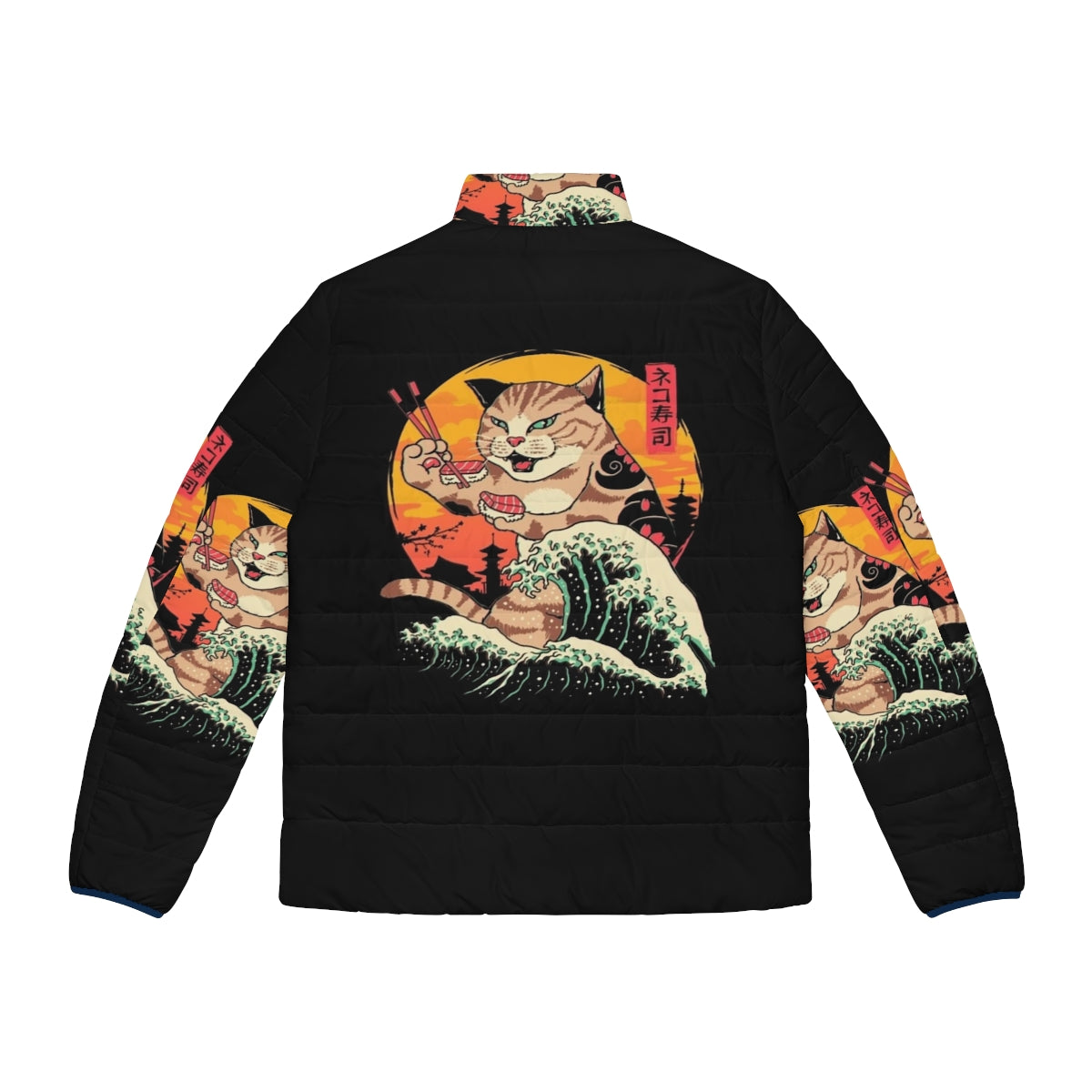 A puffer jacket featuring a cat and sushi design inspired by Hokusai's The Great Wave - Back