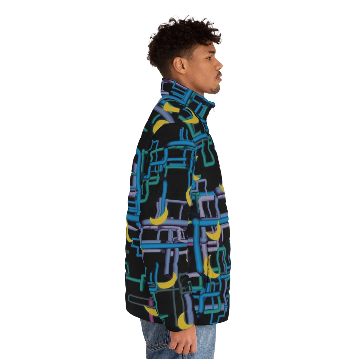 Man wearing a puffer jacket with a complicated shirt pattern, inspired by the TV show I Think You Should Leave with Tim Robinson. - men side right