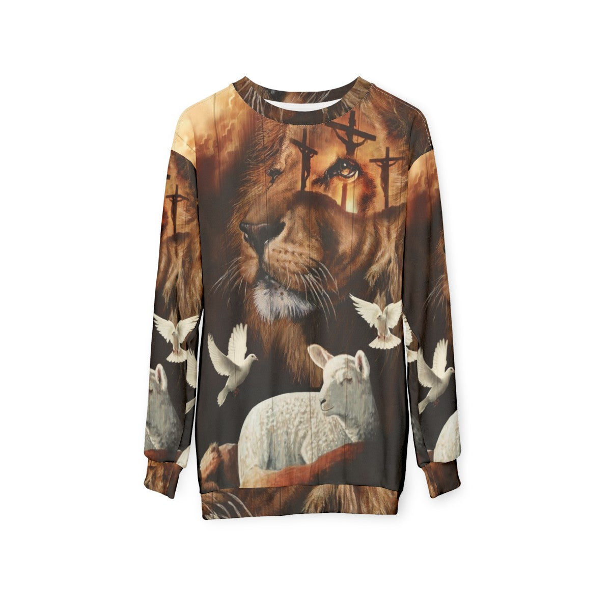 Christian sweatshirt with a design featuring the Lion of Judah and the Lamb of God - hanging